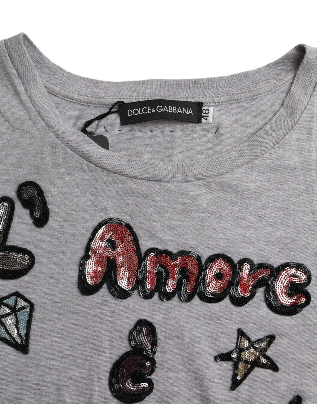 Dolce & Gabbana Graues Baumwoll-T-Shirt L'Amore E'Bellezza Top