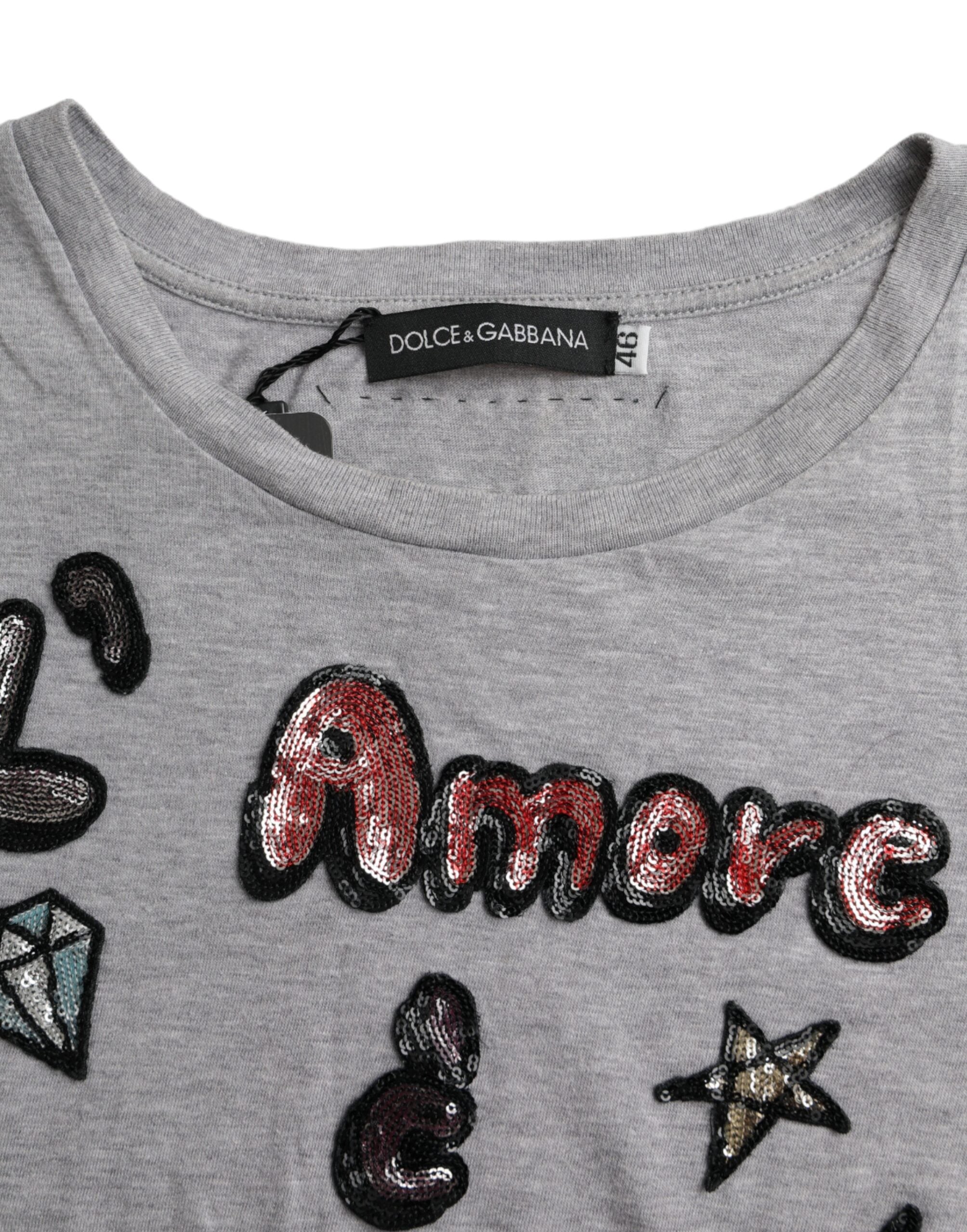 Dolce & Gabbana Graues Baumwoll-T-Shirt L'Amore E'Bellezza Top
