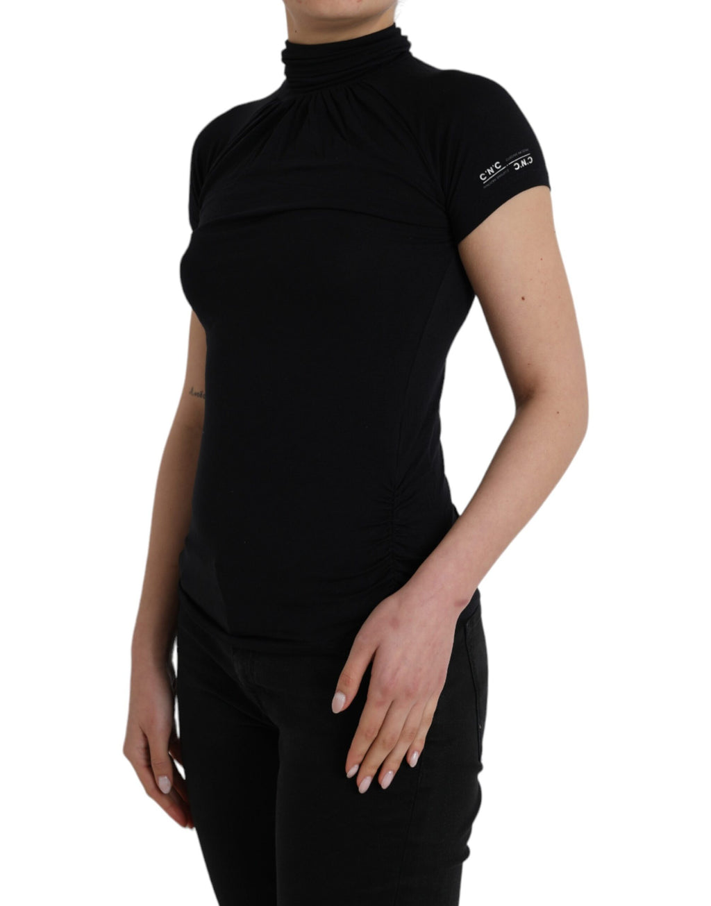 Costume National Schwarzes Kurzarm-Top mit Rollkragen aus Viskose