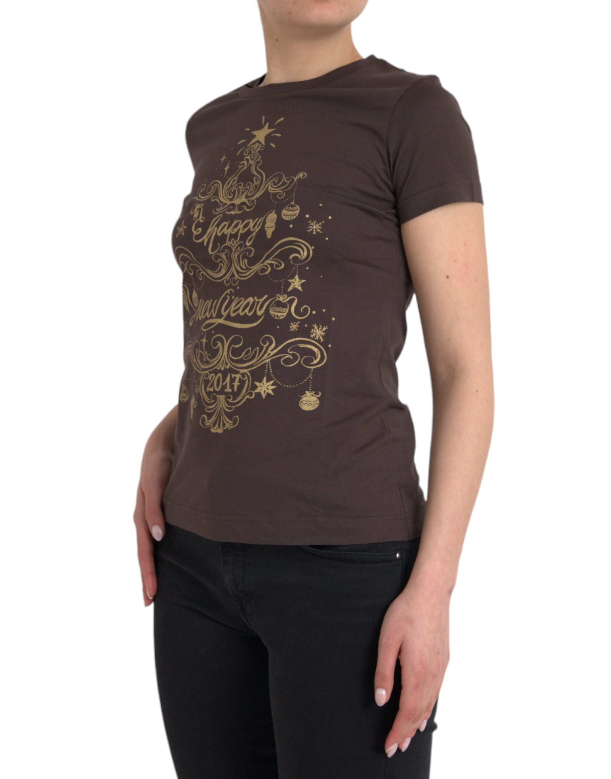 Dolce & Gabbana Braunes T-Shirt mit Rundhalsausschnitt und Motivdruck 2017