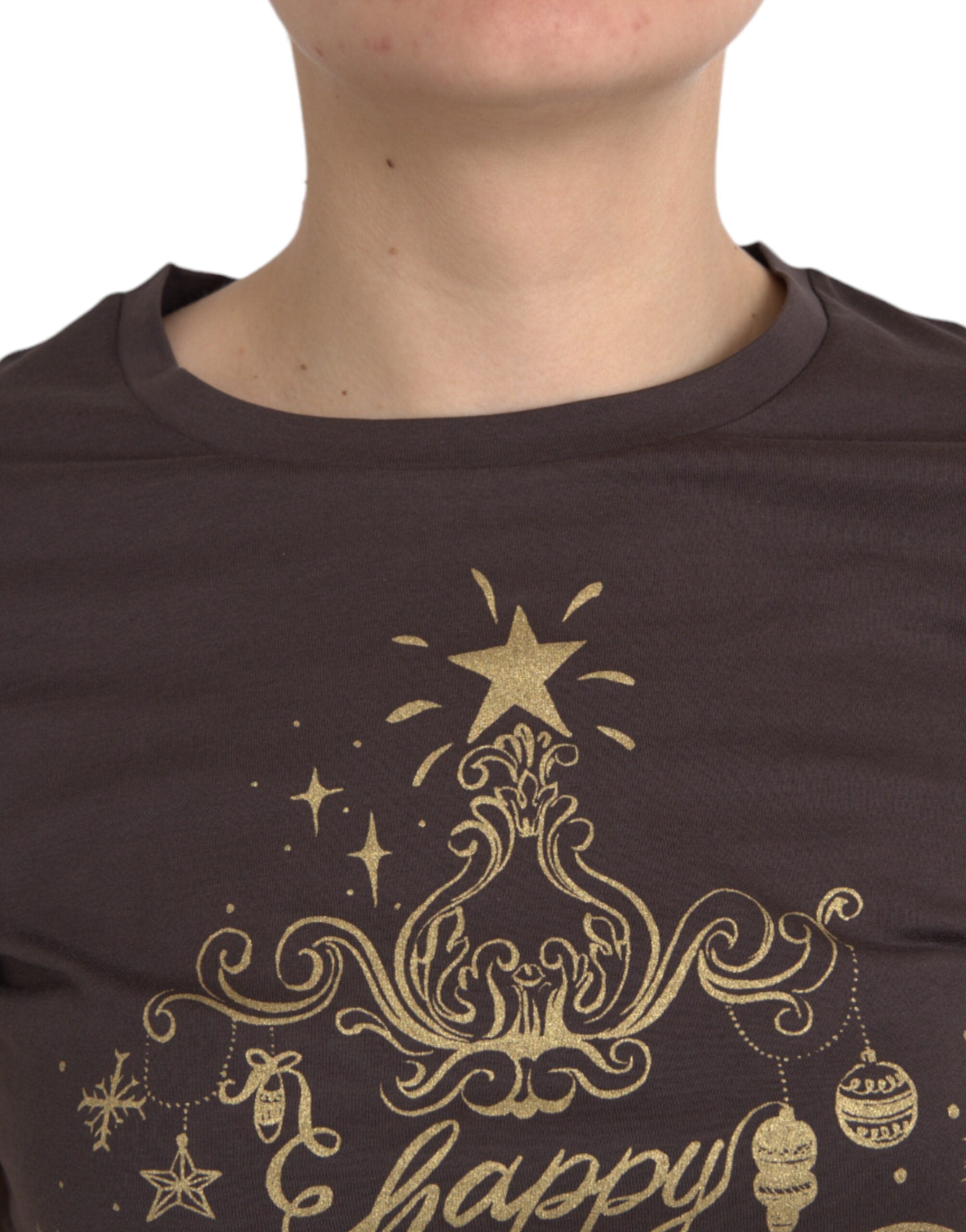 Dolce & Gabbana Braunes T-Shirt mit Rundhalsausschnitt und Motivdruck 2017