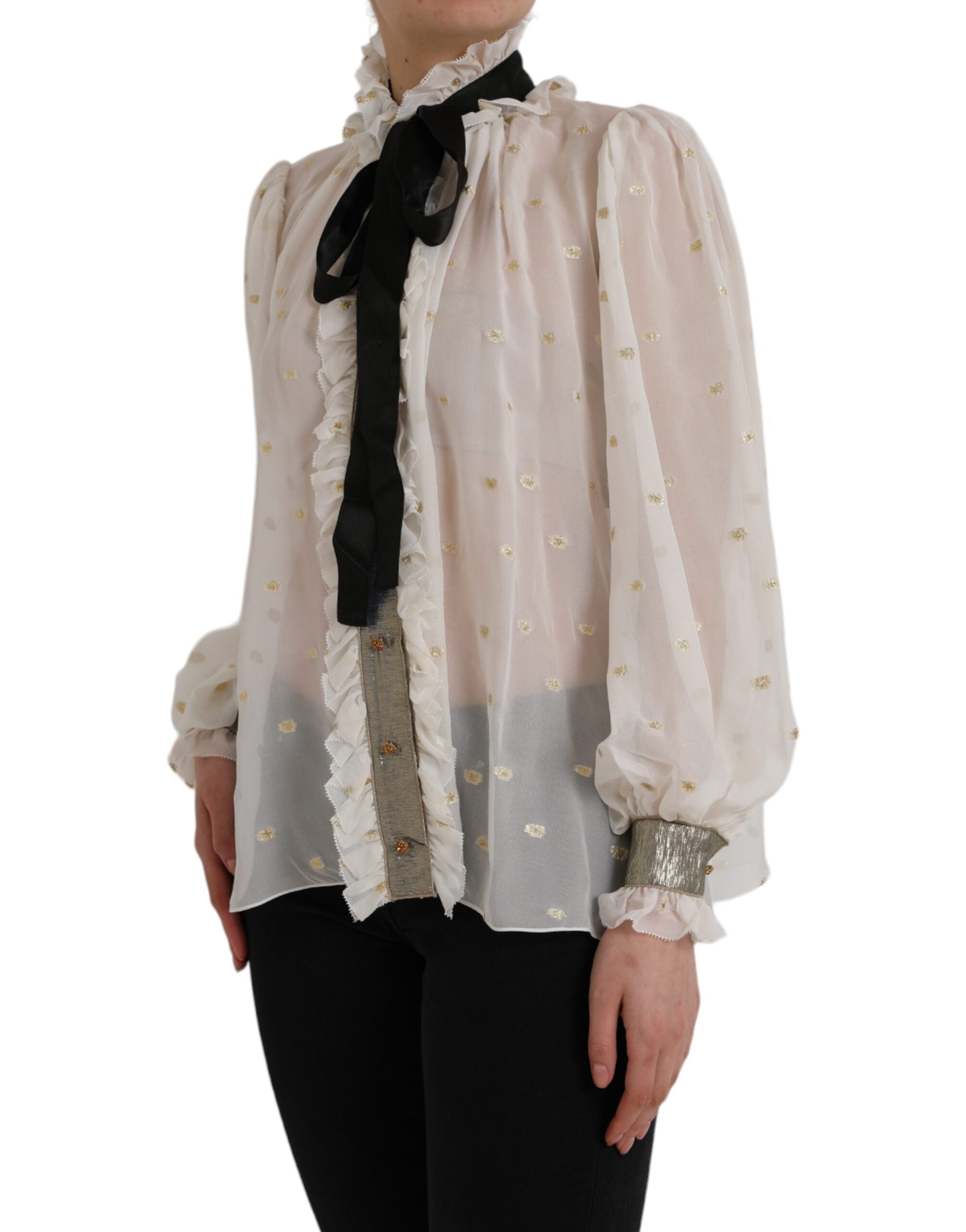 Dolce & Gabbana Off White Seidenmischung Ascot-Kragen Bluse Top