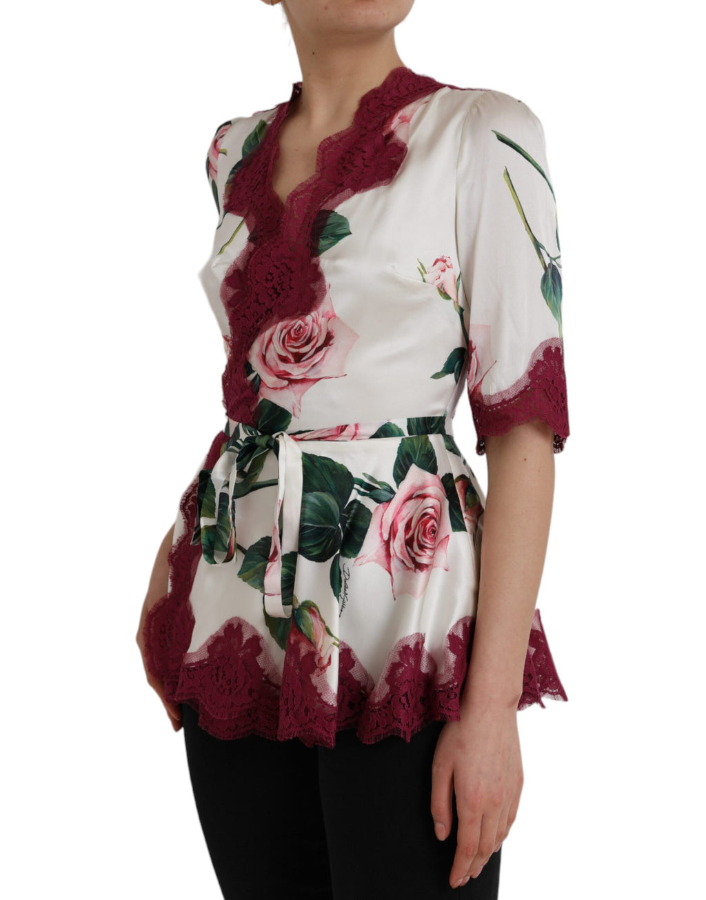 Dolce & Gabbana Weißes florales Spitzenoberteil aus Seide mit kurzen Ärmeln
