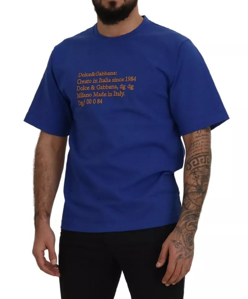 Dolce & Gabbana Blaues Baumwoll-T-Shirt mit Logodruck und Rundhalsausschnitt