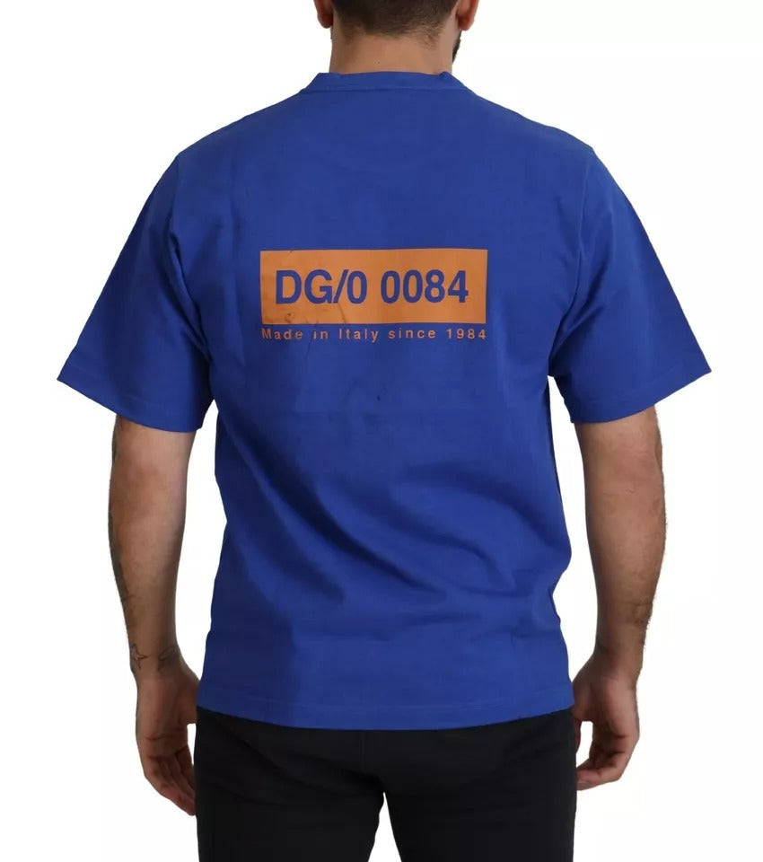 Dolce & Gabbana Blaues Baumwoll-T-Shirt mit Logodruck und Rundhalsausschnitt