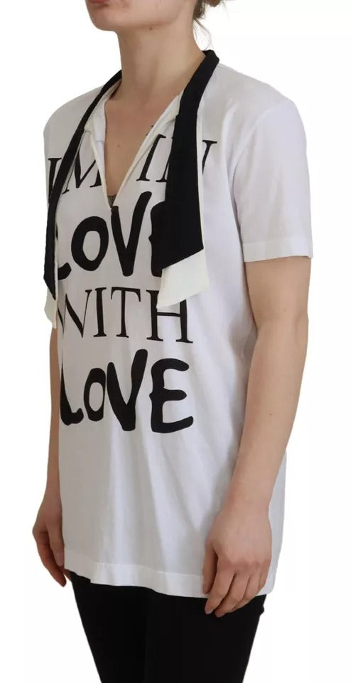 Dolce & Gabbana Weißes T-Shirt mit bedrucktem Ascot-Kragen aus Baumwolle