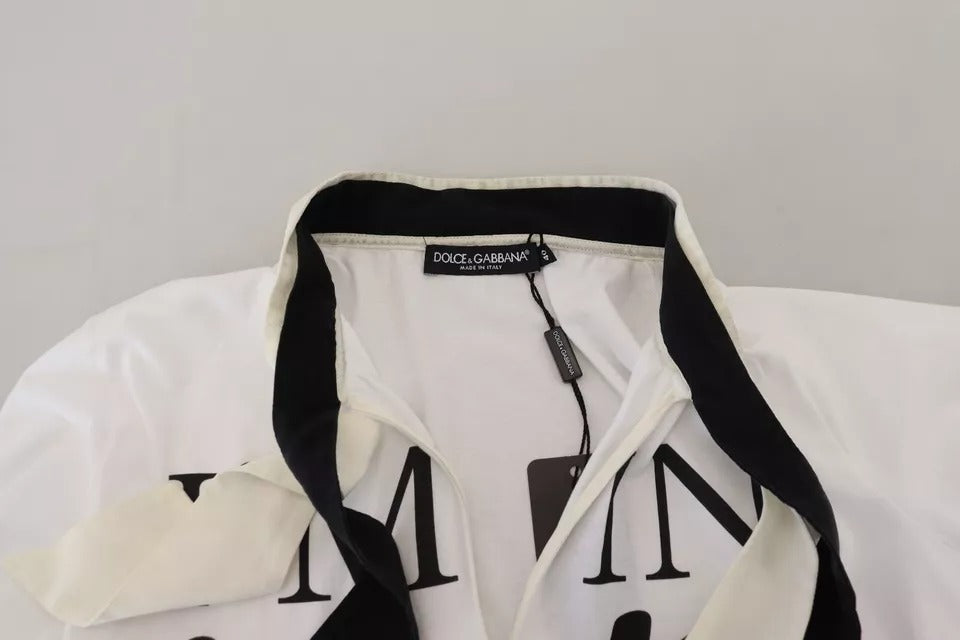 Dolce & Gabbana Weißes T-Shirt mit bedrucktem Ascot-Kragen aus Baumwolle