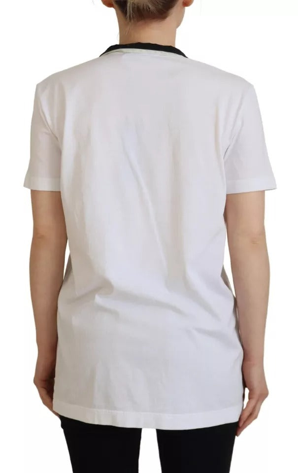 Dolce & Gabbana Weißes T-Shirt mit bedrucktem Ascot-Kragen aus Baumwolle