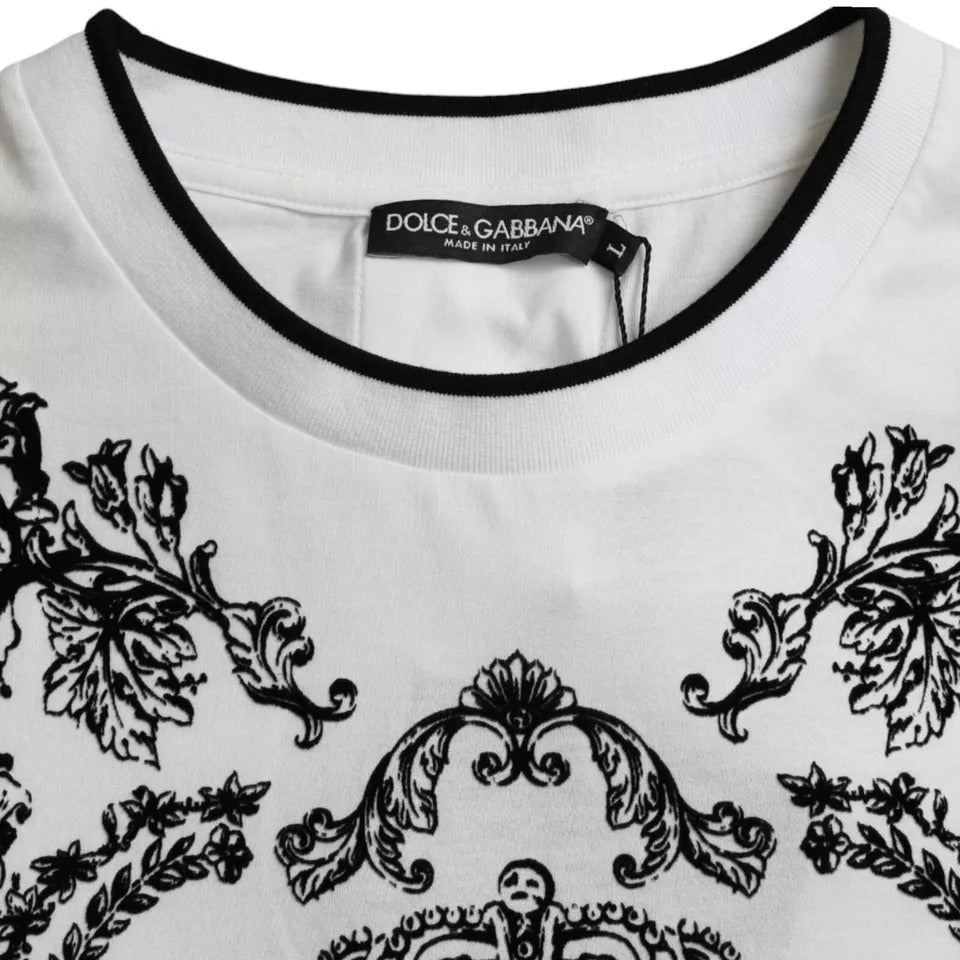 Dolce & Gabbana Weißes Baumwoll-T-Shirt mit Rundhalsausschnitt und Löwenkrone