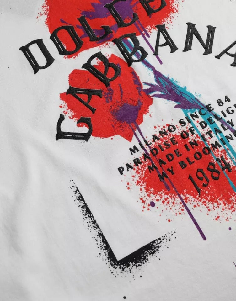 Dolce & Gabbana Weißes Logo-Blumen-Baumwoll-T-Shirt mit Rundhalsausschnitt