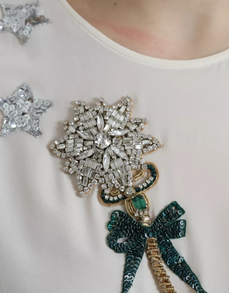 Dolce & Gabbana Weißes Seidenkristall 3/4 Ärmel Blusenoberteil