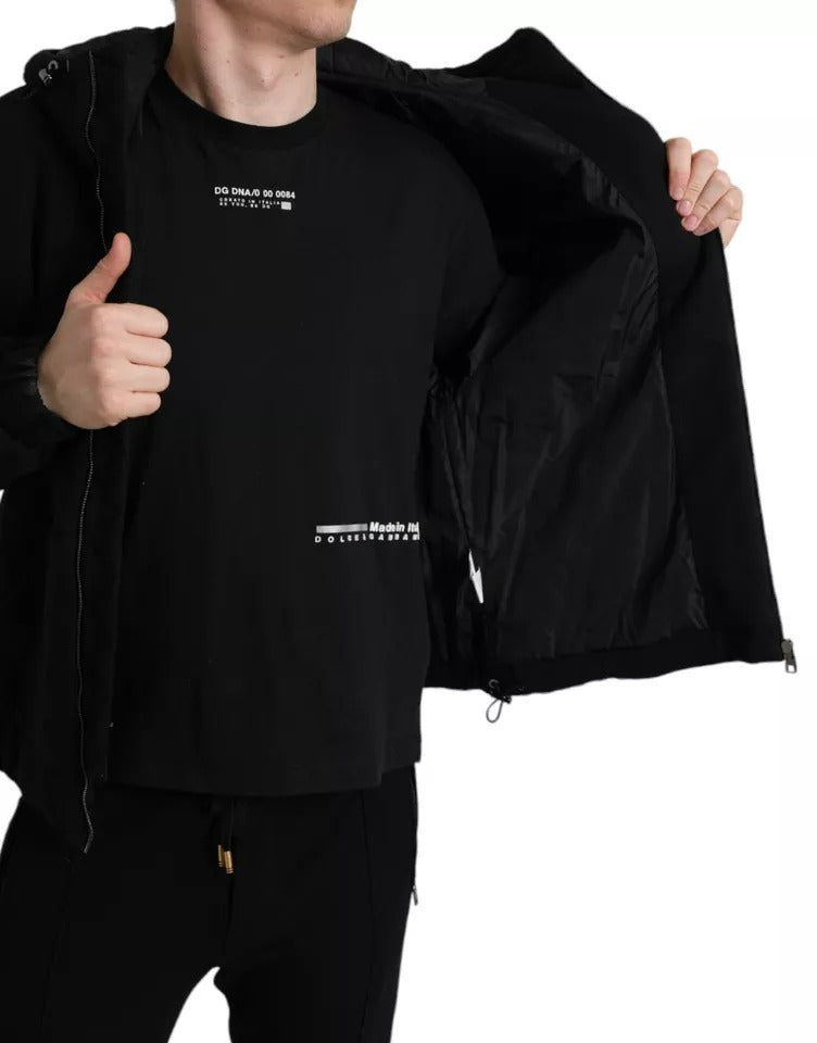 Dolce & Gabbana Schwarze Baumwolle mit Kapuze Logo Bomber Männer Jacke
