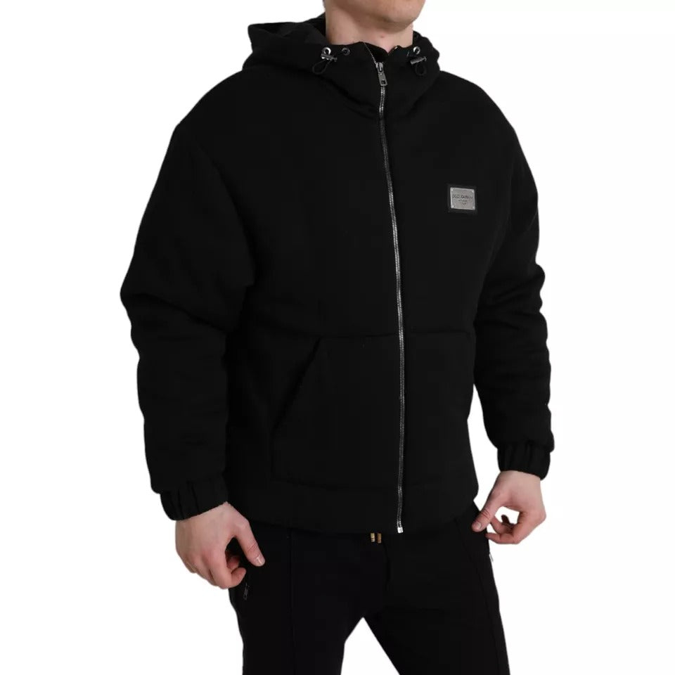 Dolce & Gabbana Schwarze Baumwolle mit Kapuze Logo Bomber Männer Jacke
