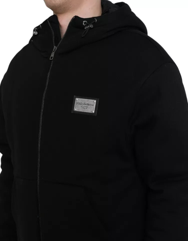 Dolce & Gabbana Schwarze Baumwolle mit Kapuze Logo Bomber Männer Jacke