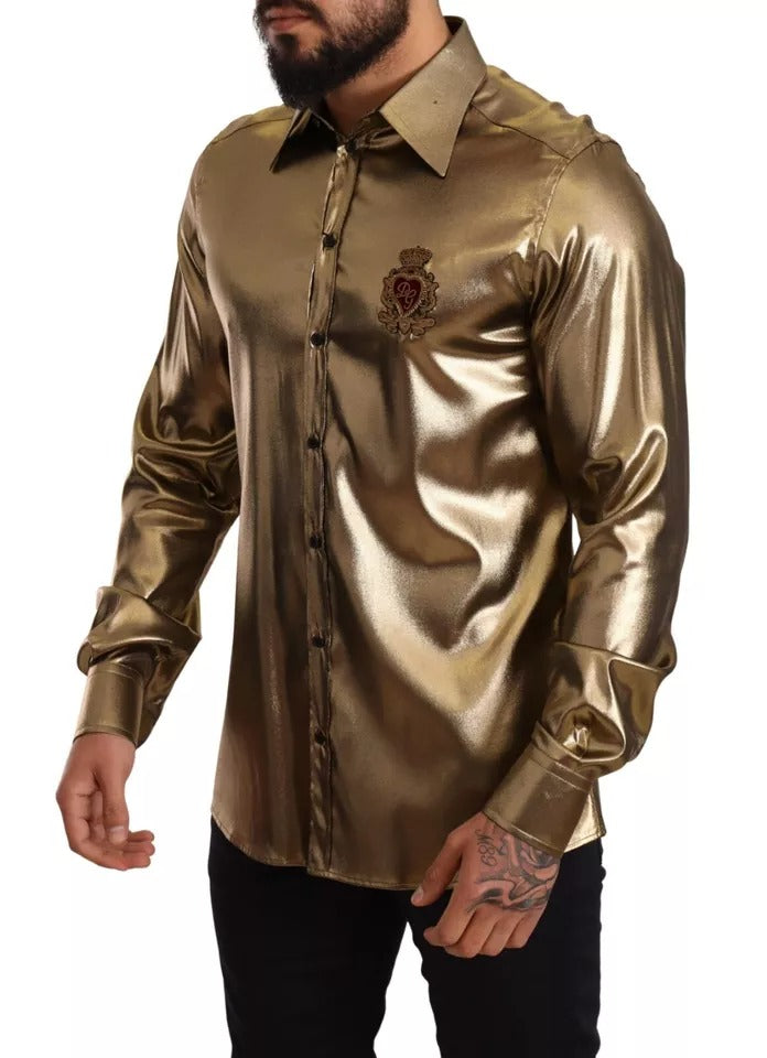 Dolce & Gabbana Metallic Gold DG Bestickte Krone Seidentop Shirt