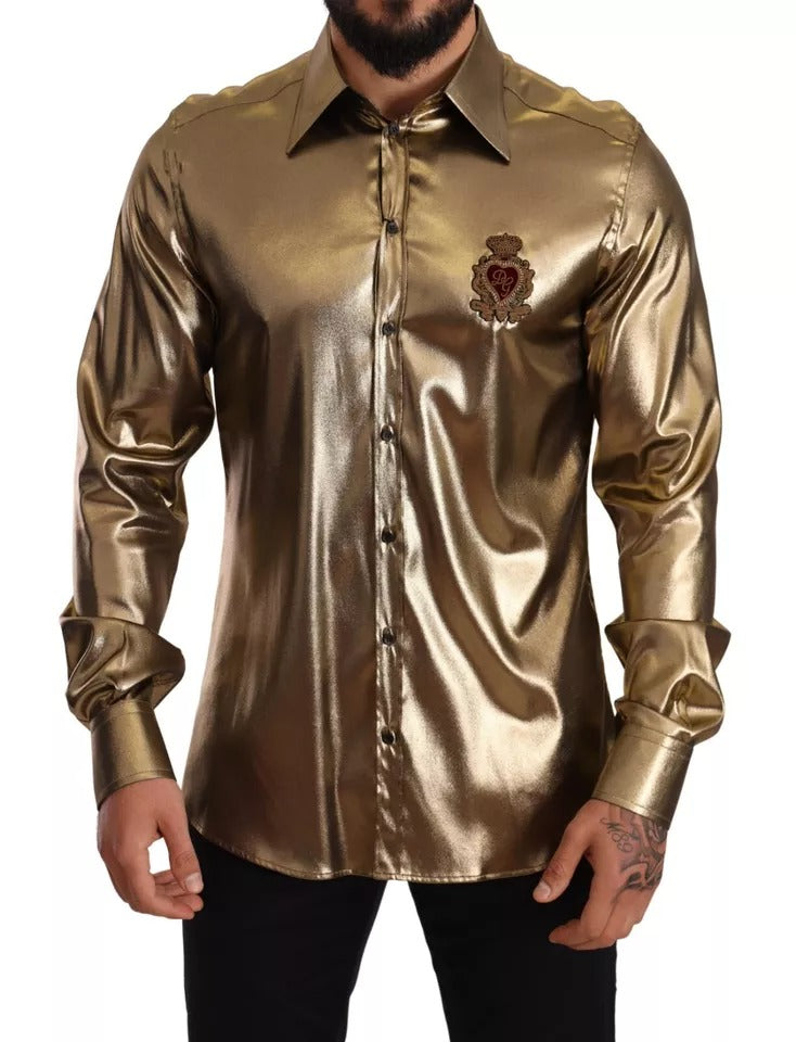 Dolce & Gabbana Metallic Gold DG Bestickte Krone Seidentop Shirt