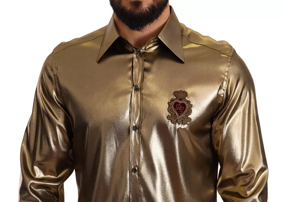 Dolce & Gabbana Metallic Gold DG Bestickte Krone Seidentop Shirt