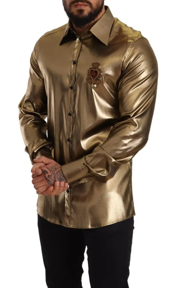 Dolce & Gabbana Metallic Gold DG Bestickte Krone Seidentop Shirt