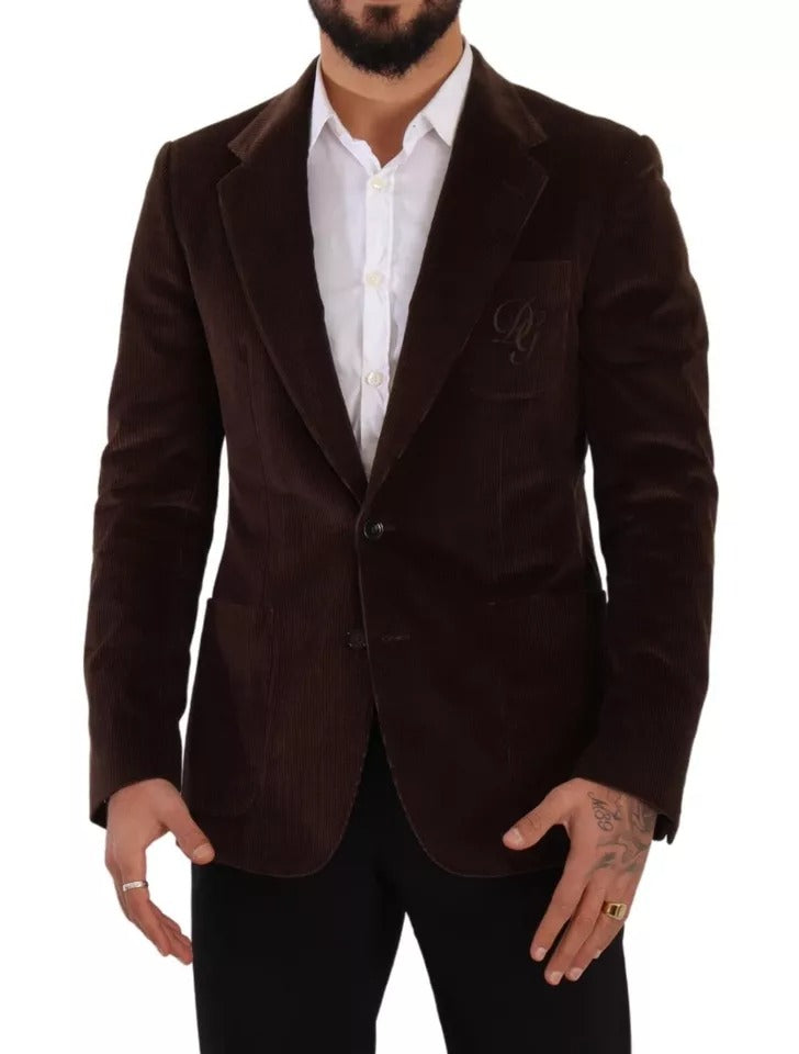 Dolce & Gabbana Brauner Corduroy Slim Fit Mantel DG Logo Blazer