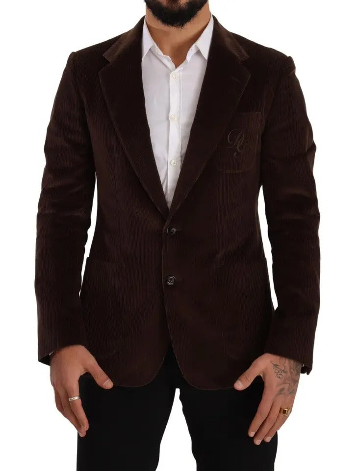 Dolce & Gabbana Brauner Corduroy Slim Fit Mantel DG Logo Blazer