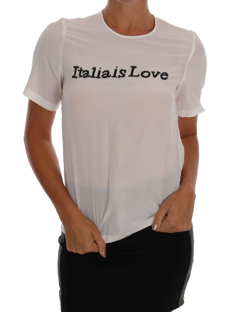Dolce & Gabbana Weißes Seiden-T-Shirt ITALIA IS LOVE Bluse