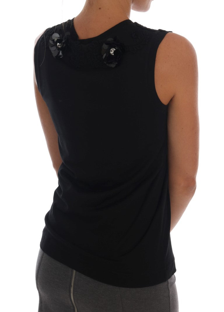 Dolce & Gabbana Schwarzes Baumwoll-Tank-Top mit geblümten Kristallen