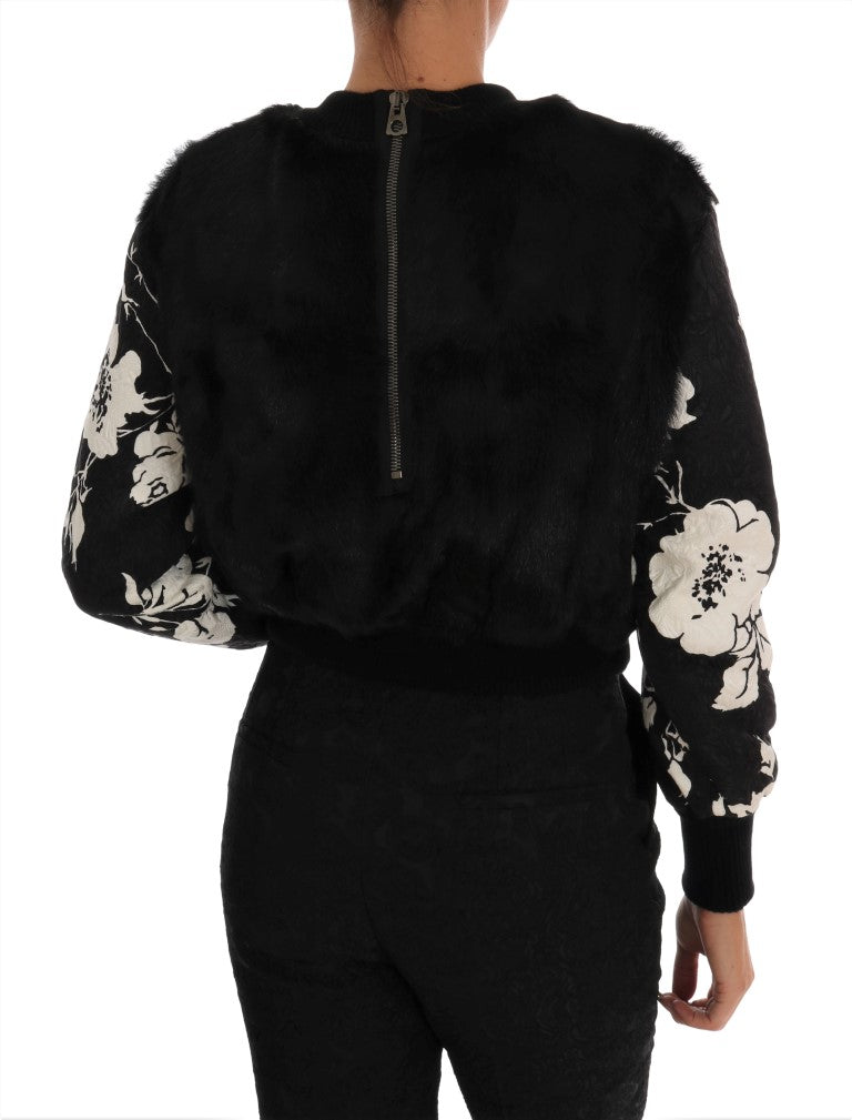 Dolce & Gabbana Schwarzer Pelz Floral Brokat Zipper Pullover