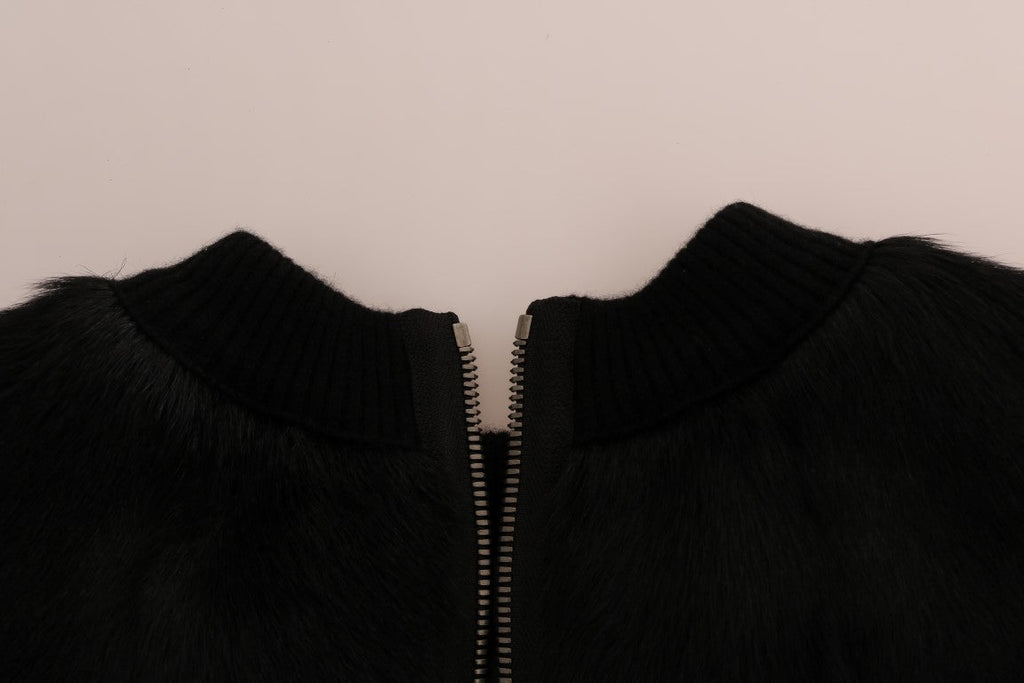 Dolce & Gabbana Schwarzer Pelz Floral Brokat Zipper Pullover