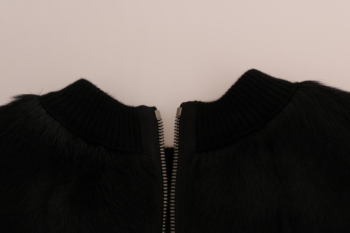 Dolce & Gabbana Schwarzer Pelz Floral Brokat Zipper Pullover