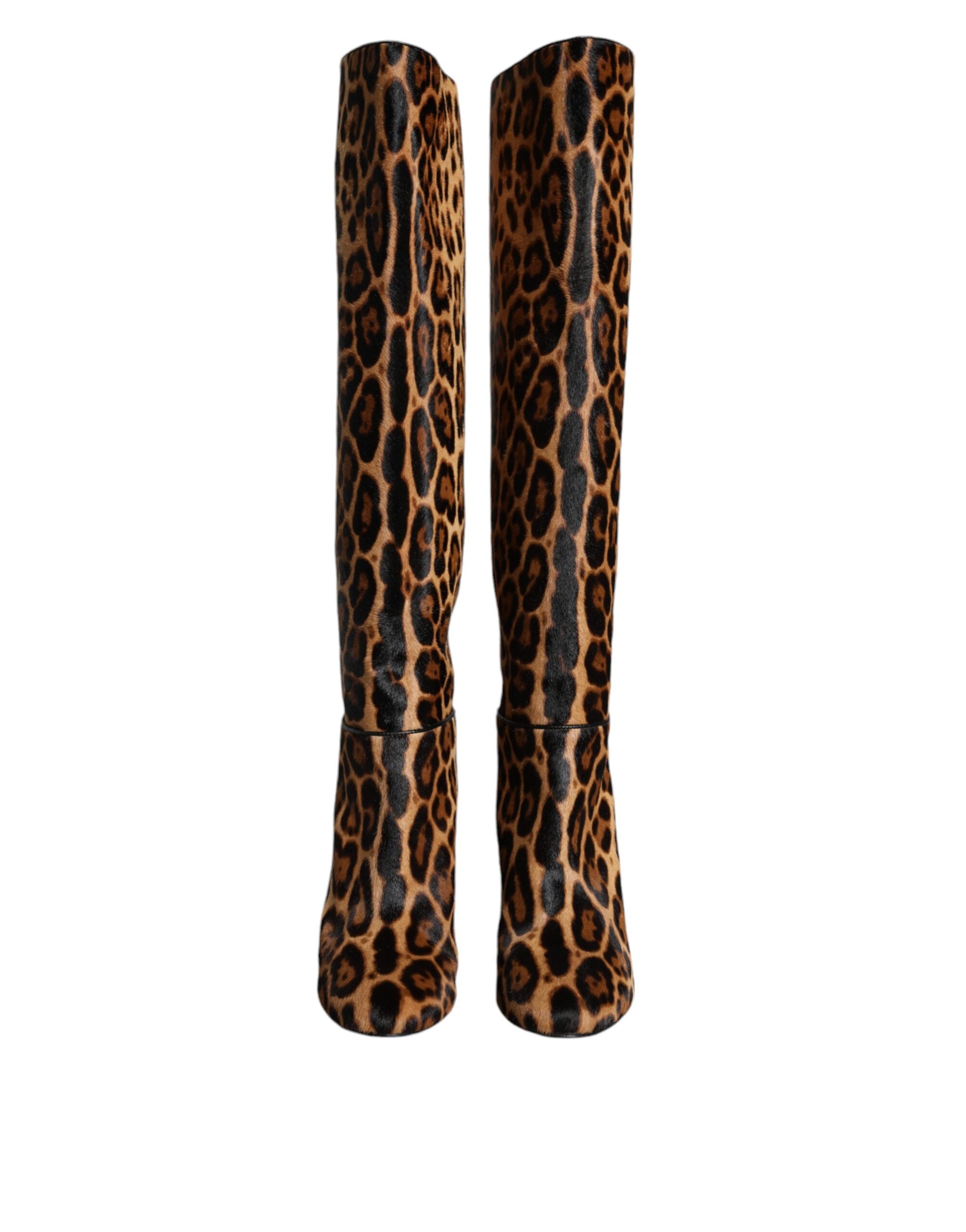 Dolce & Gabbana Beige Schwarz Leopard Kniehohe Stiefel Schuhe