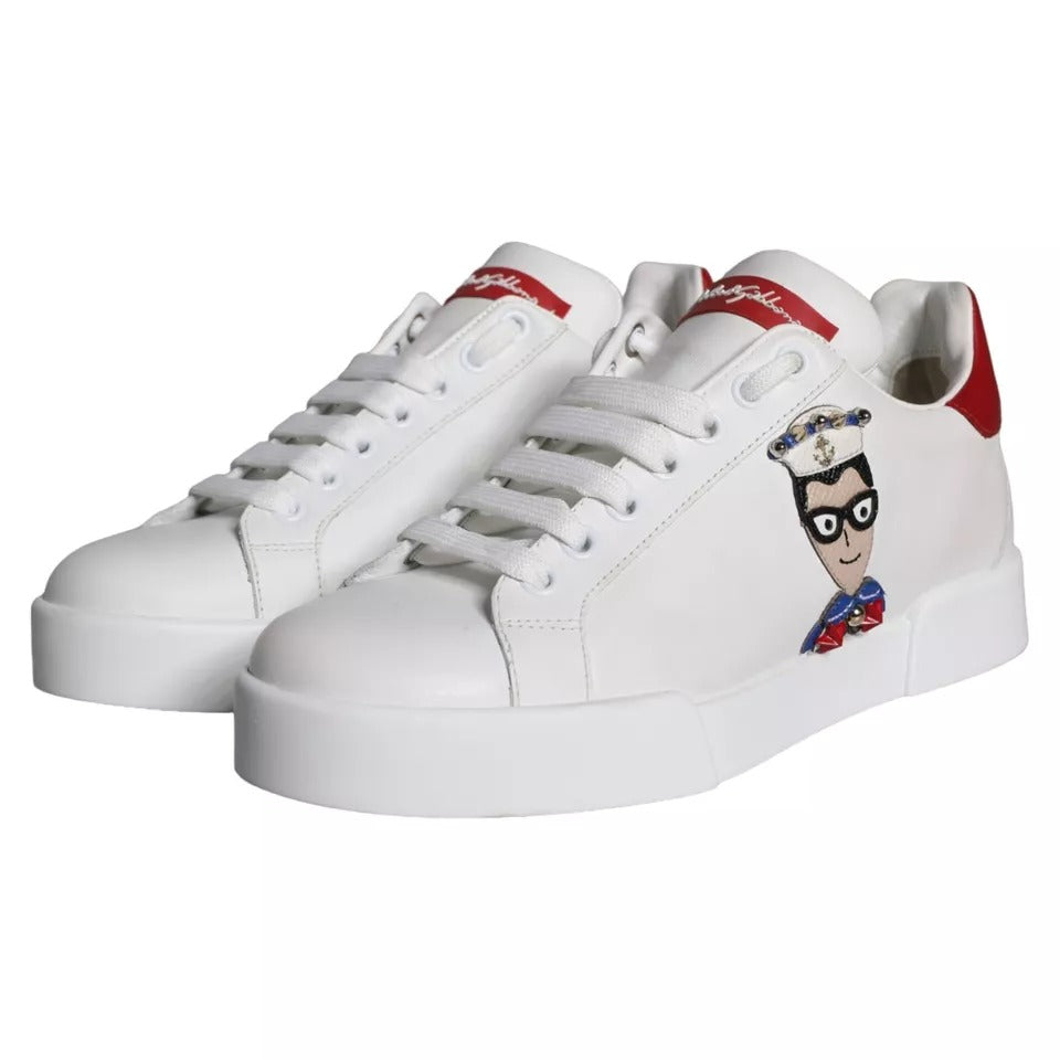 Dolce & Gabbana Weiße Patch Kalbsleder Nappa Portofino Sneakers Schuhe