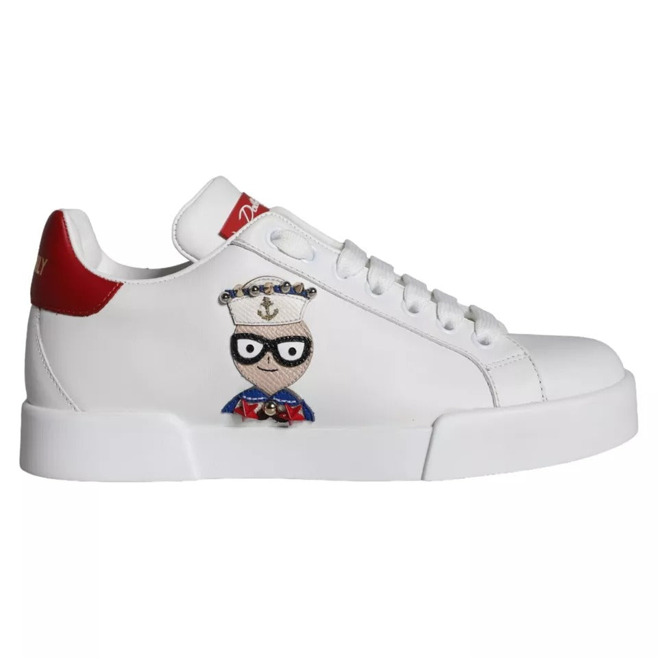 Dolce & Gabbana Weiße Patch Kalbsleder Nappa Portofino Sneakers Schuhe