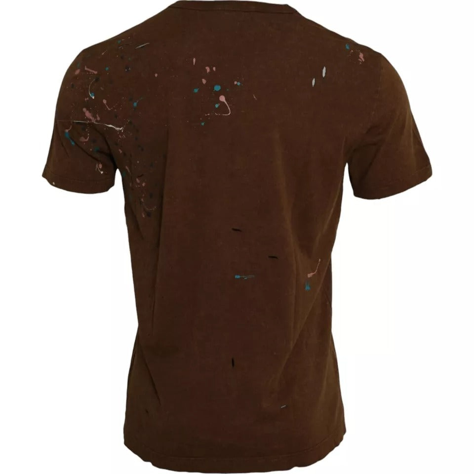 Dolce & Gabbana Braunes T-Shirt mit Rundhalsausschnitt aus Baumwolle mit Farbklecksen