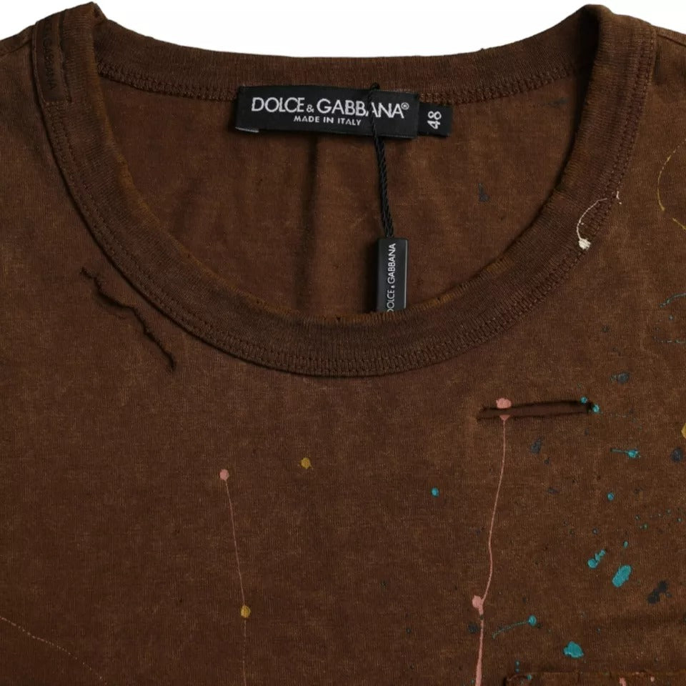 Dolce & Gabbana Braunes T-Shirt mit Rundhalsausschnitt aus Baumwolle mit Farbklecksen