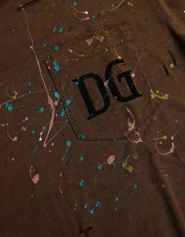 Dolce & Gabbana Braunes T-Shirt mit Rundhalsausschnitt aus Baumwolle mit Farbklecksen