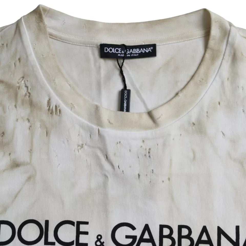 Dolce & Gabbana Off White Logo Baumwolle Rundhals T-Shirt