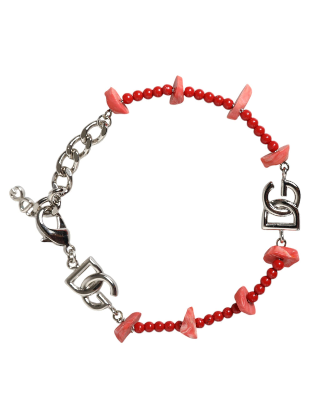 Dolce & Gabbana Armband mit DG-Logo, Kette, Perlen und Harz, silberfarbenes Messing