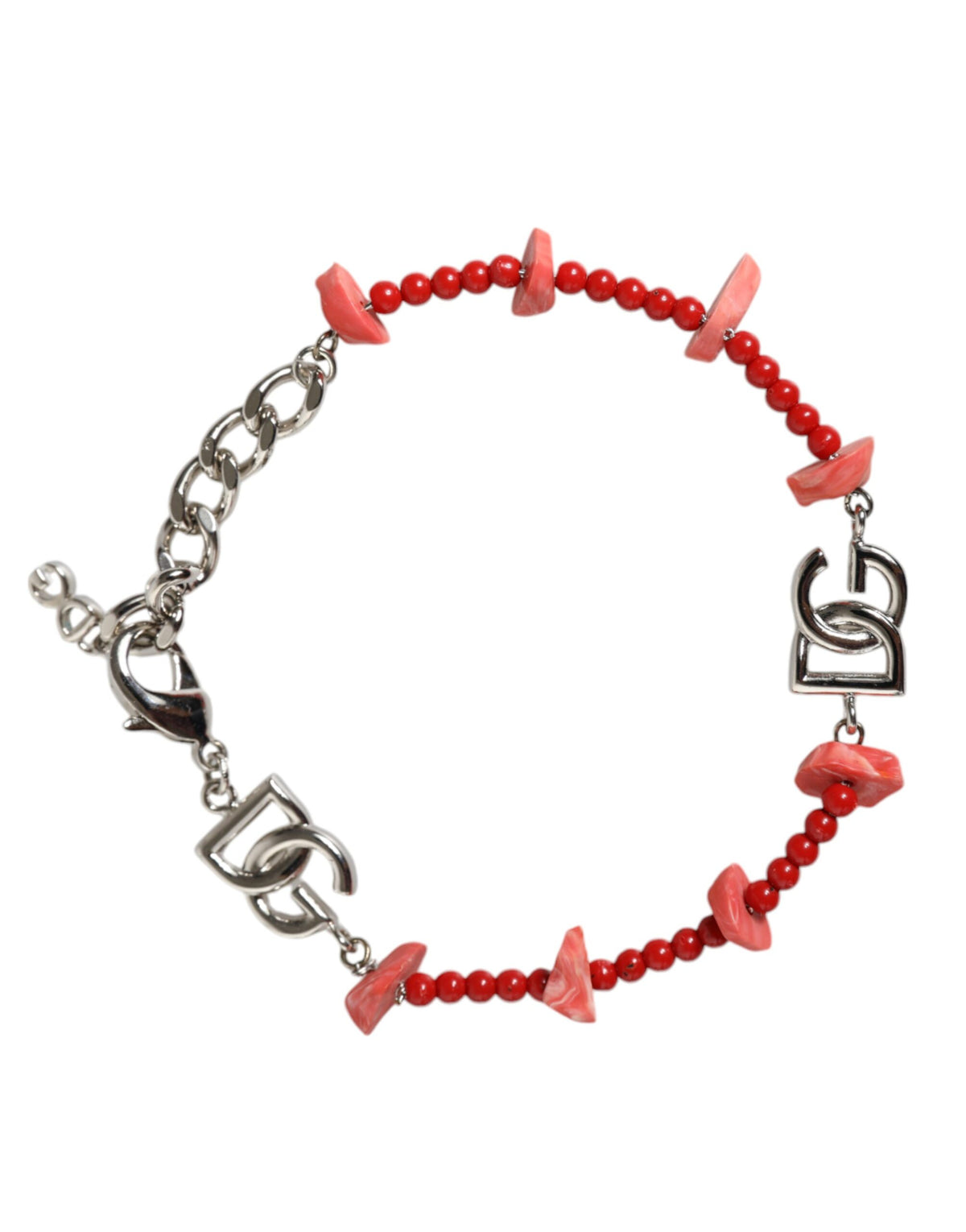 Dolce & Gabbana Armband mit DG-Logo, Kette, Perlen und Harz, silberfarbenes Messing