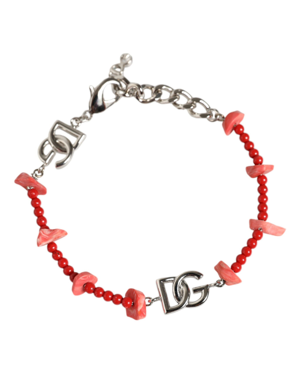 Dolce & Gabbana Armband mit DG-Logo, Kette, Perlen und Harz, silberfarbenes Messing