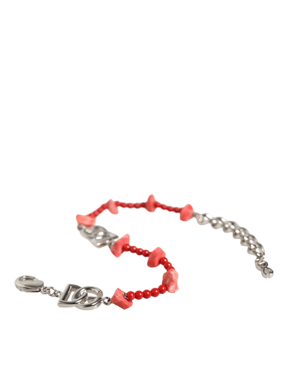 Dolce & Gabbana Armband mit DG-Logo, Kette, Perlen und Harz, silberfarbenes Messing