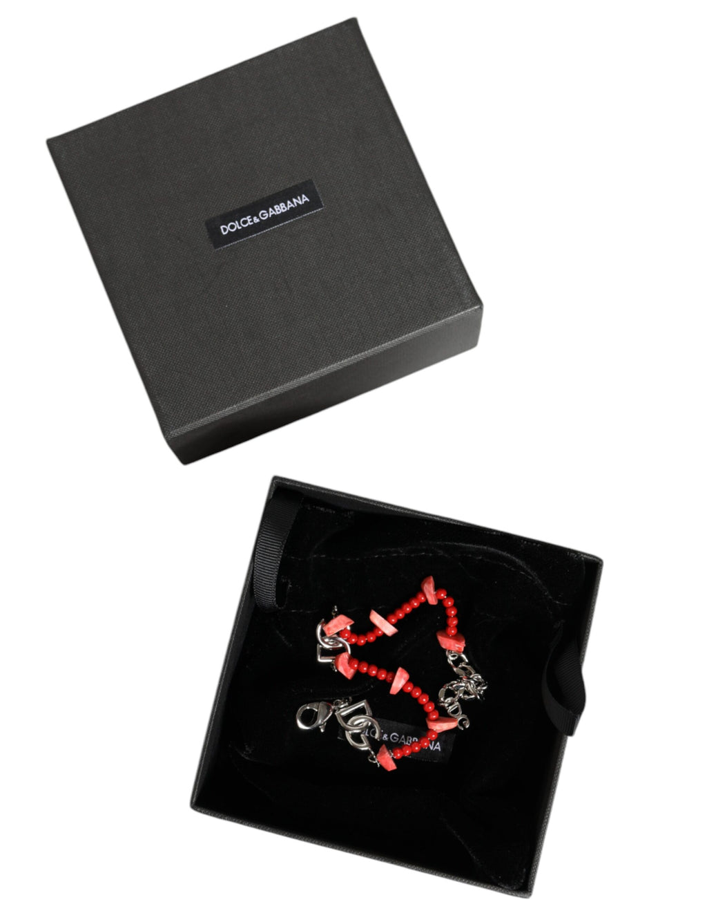 Dolce & Gabbana Armband mit DG-Logo, Kette, Perlen und Harz, silberfarbenes Messing