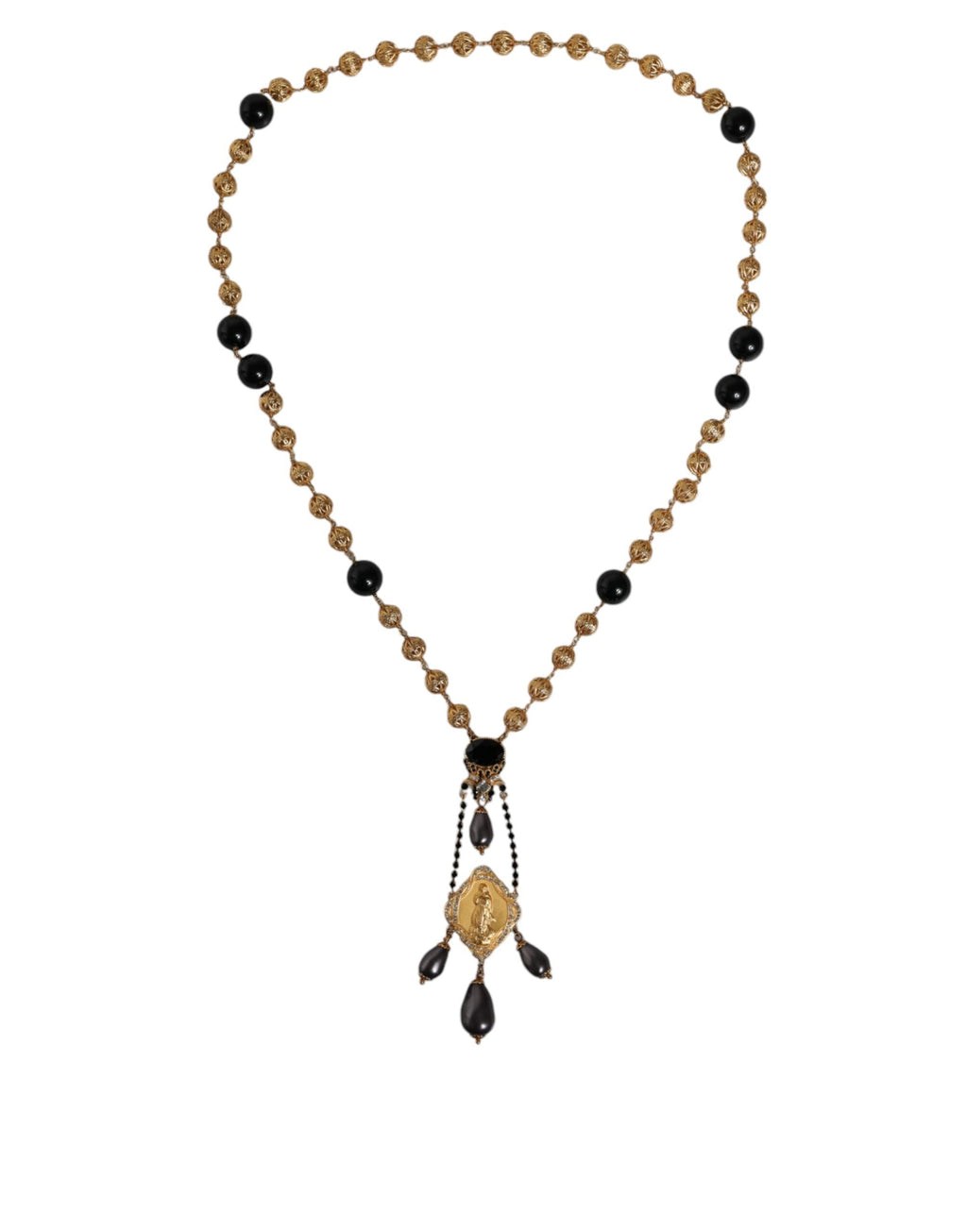 Dolce & Gabbana Goldkette Messing Schwarz Perlen Rosenkranz Stil Halskette