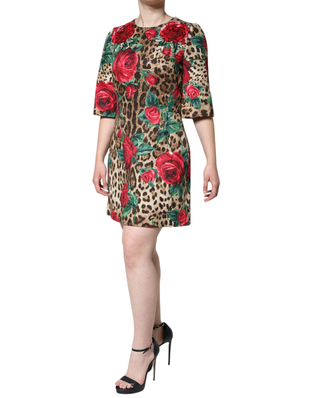 Dolce & Gabbana Braunes Leopardenkleid mit roten Rosen aus Baumwolle in A-Linie