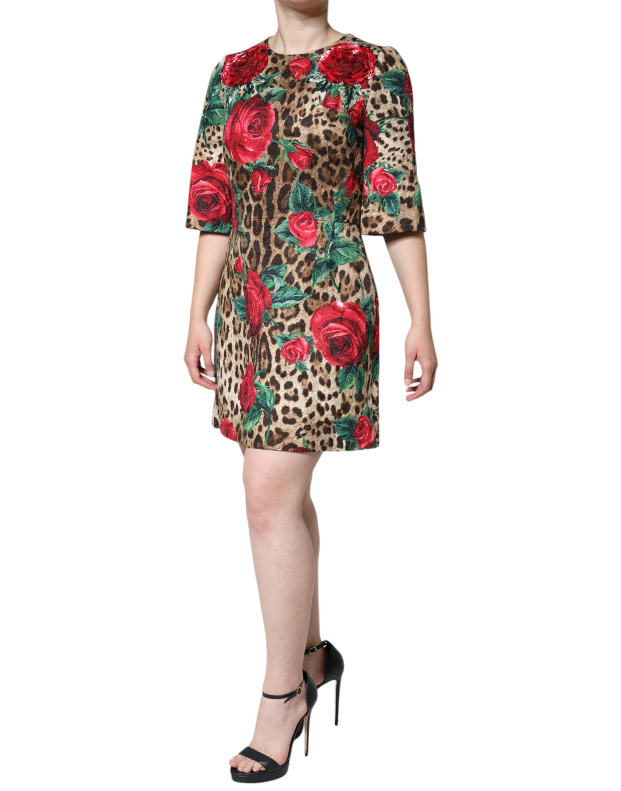 Dolce & Gabbana Braunes Leopardenkleid mit roten Rosen aus Baumwolle in A-Linie