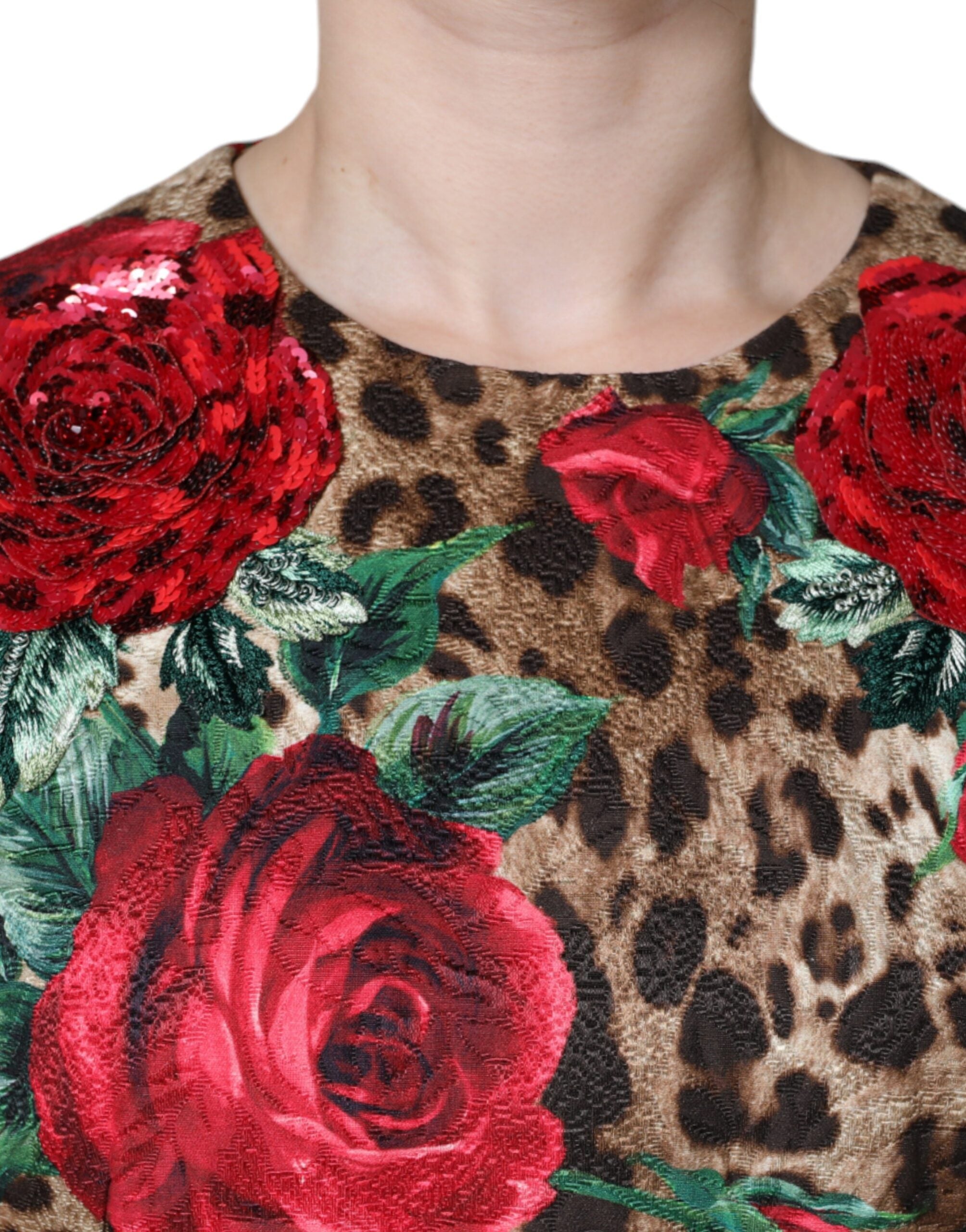 Dolce & Gabbana Braunes Leopardenkleid mit roten Rosen aus Baumwolle in A-Linie