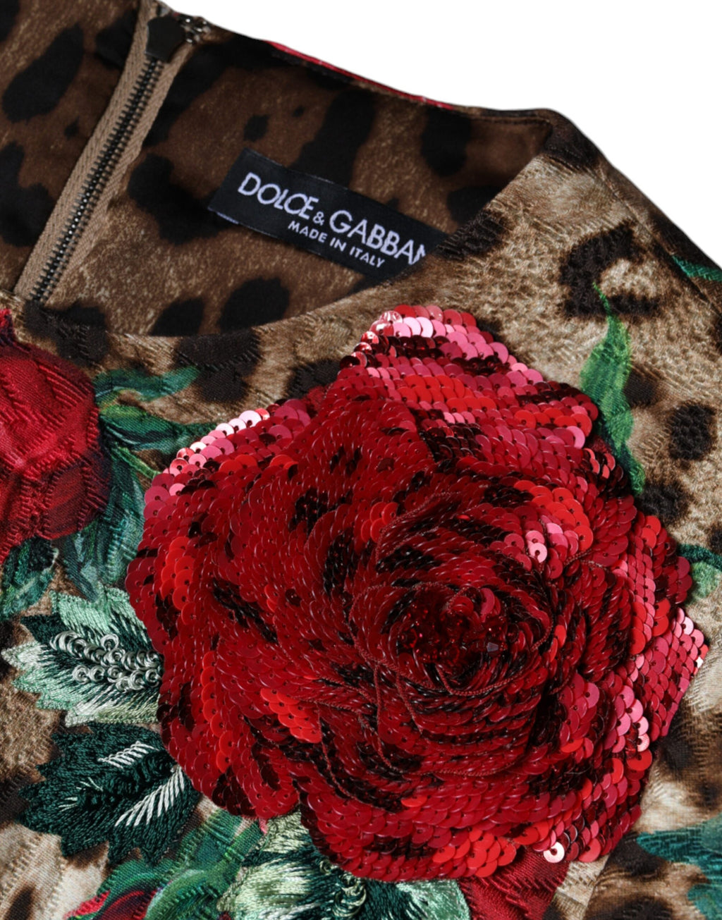 Dolce & Gabbana Braunes Leopardenkleid mit roten Rosen aus Baumwolle in A-Linie