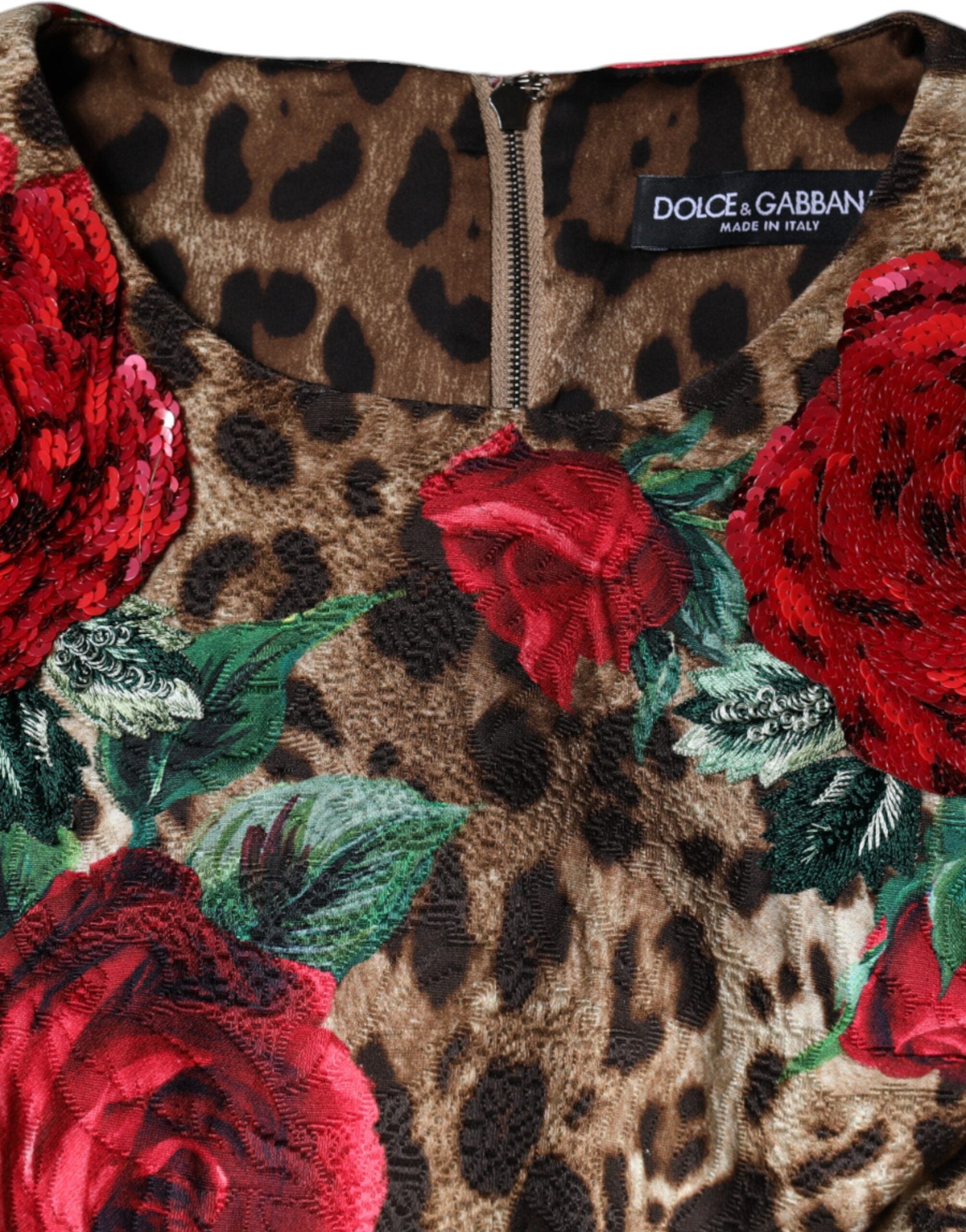Dolce & Gabbana Braunes Leopardenkleid mit roten Rosen aus Baumwolle in A-Linie