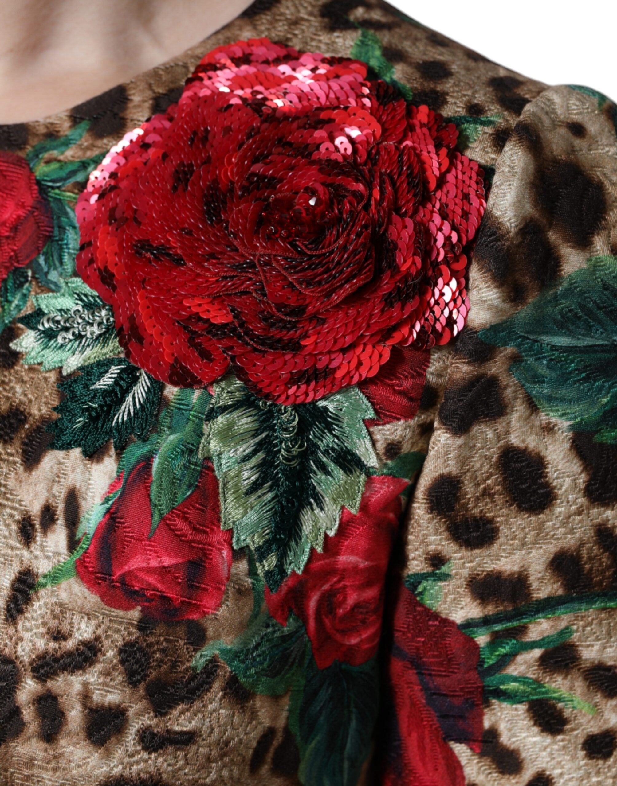 Dolce & Gabbana Braunes Leopardenkleid mit roten Rosen aus Baumwolle in A-Linie