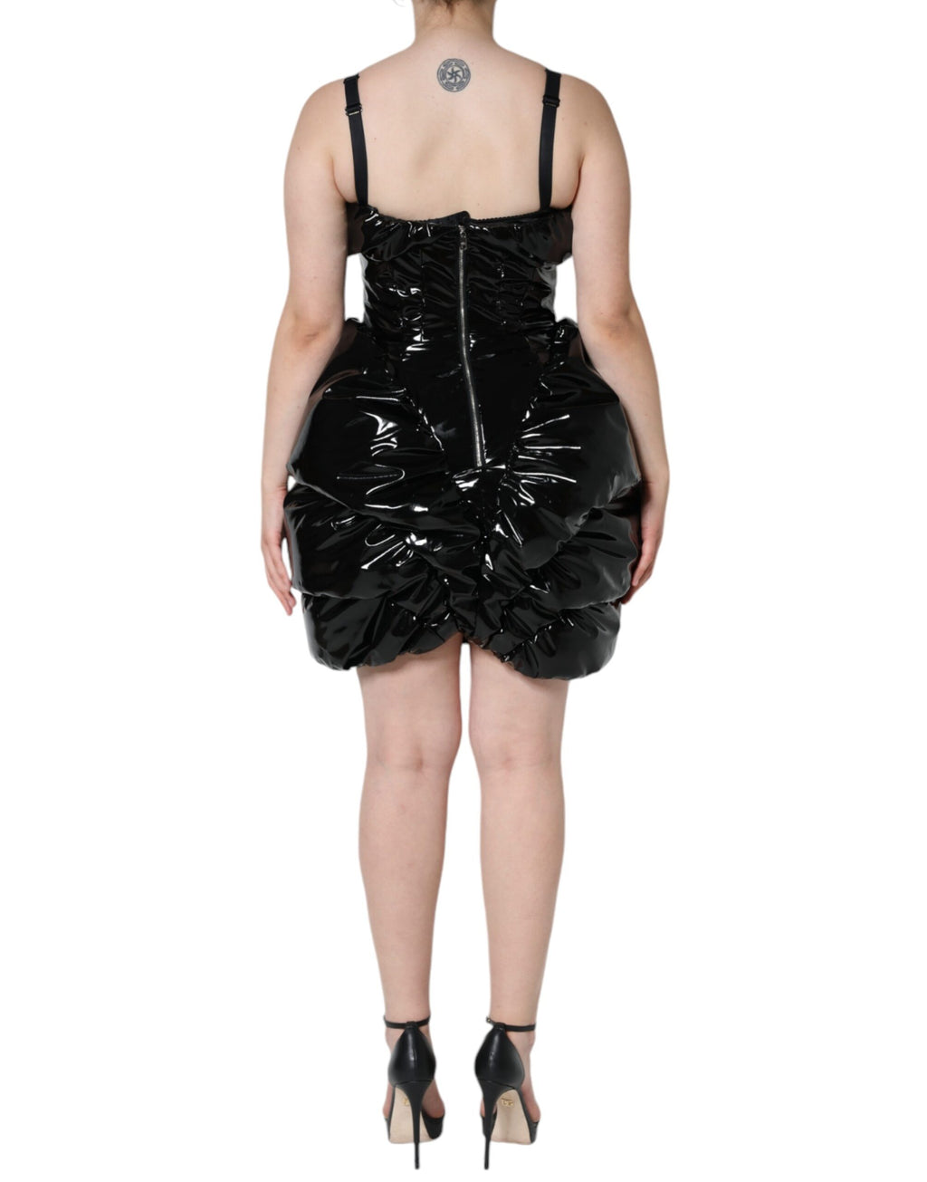 Dolce & Gabbana Schwarzes gerafftes beschichtetes Minikleid aus Polyester
