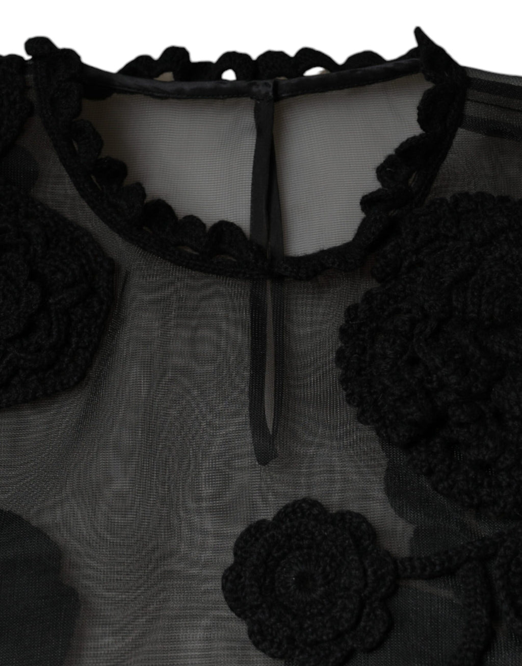 Dolce & Gabbana Schwarze Bluse aus transparentem Nylon-Netz mit Blumenmuster